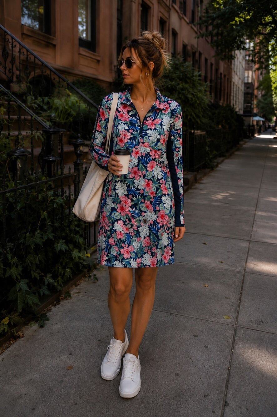 Stella Parker Floral UPF 50 Sheath Mock Neck Dress Pink Blue Long Sleeves Sz M